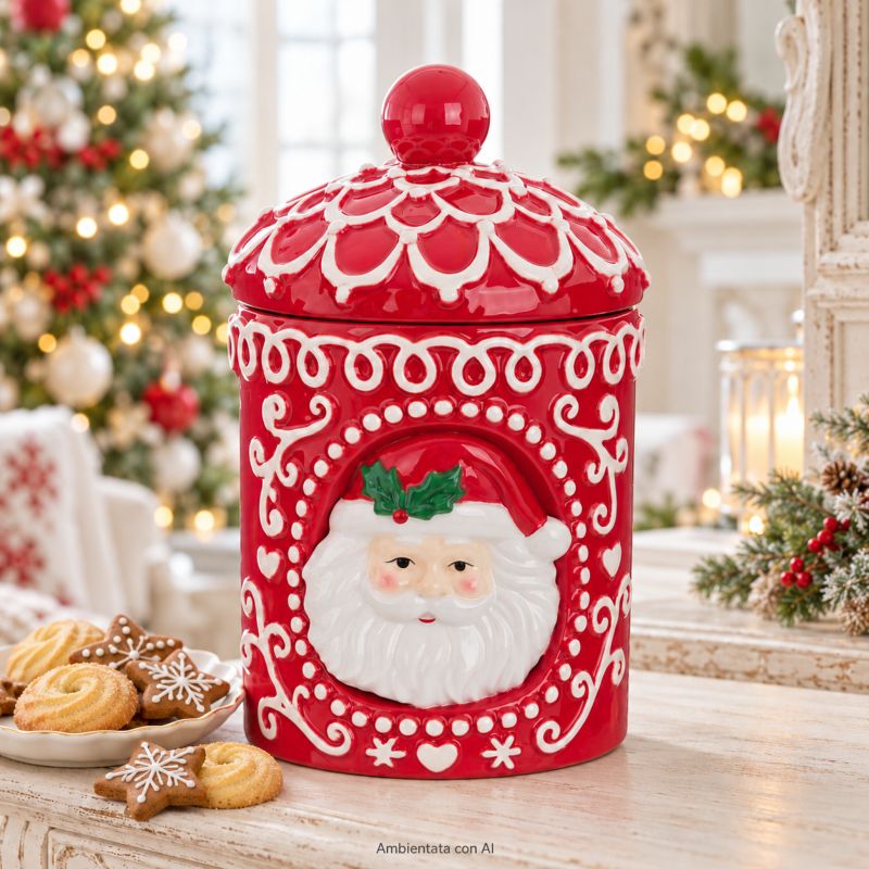 Biscottiera Natalizia Ermetica in Ceramica Rossa con Babbo Natale Blanc Mariclò 14x14xH24 cm